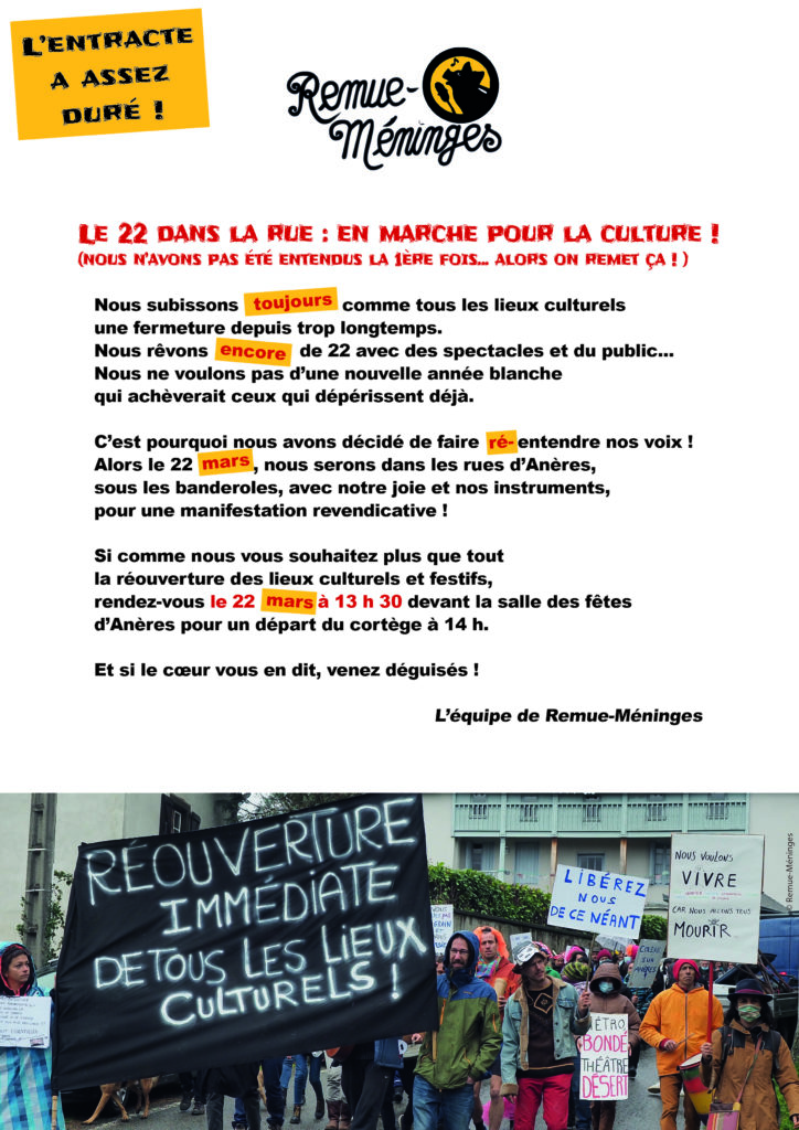 Le 22 dans la rue en marche pour la culture ! Remue Méninges